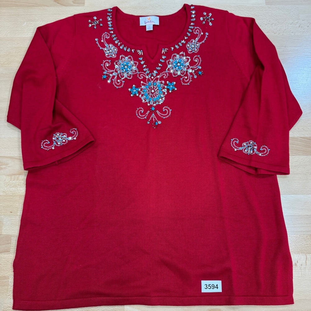 Quaker Factory Embellished Sweater Red 3/4 Sleeve Knit Top Size L